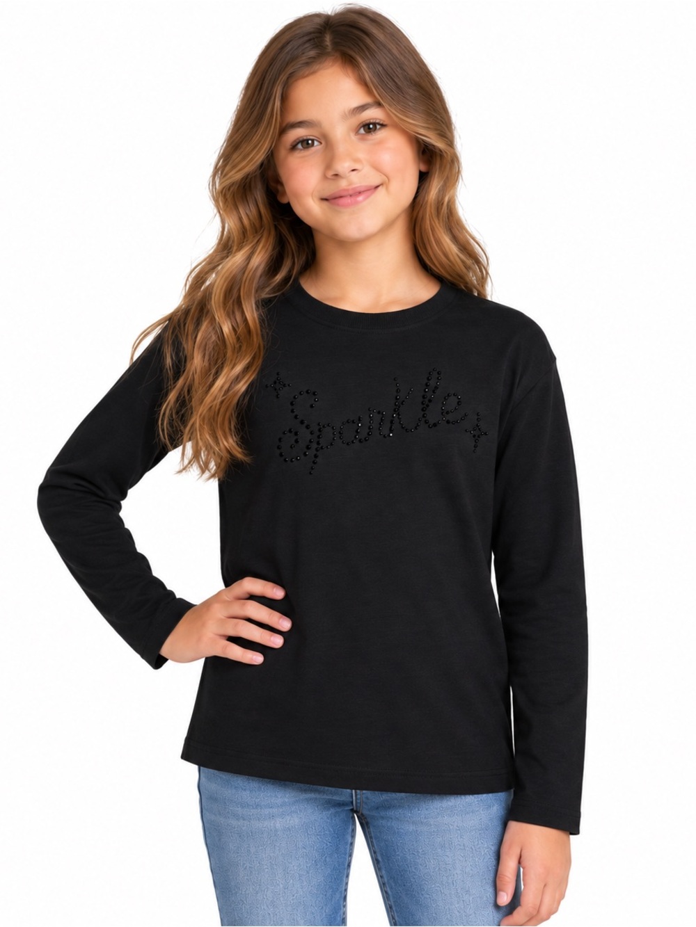 Cat & Jack Girls 10/12 Black Sparkle Rhinestone Knit Long Sleeve Top